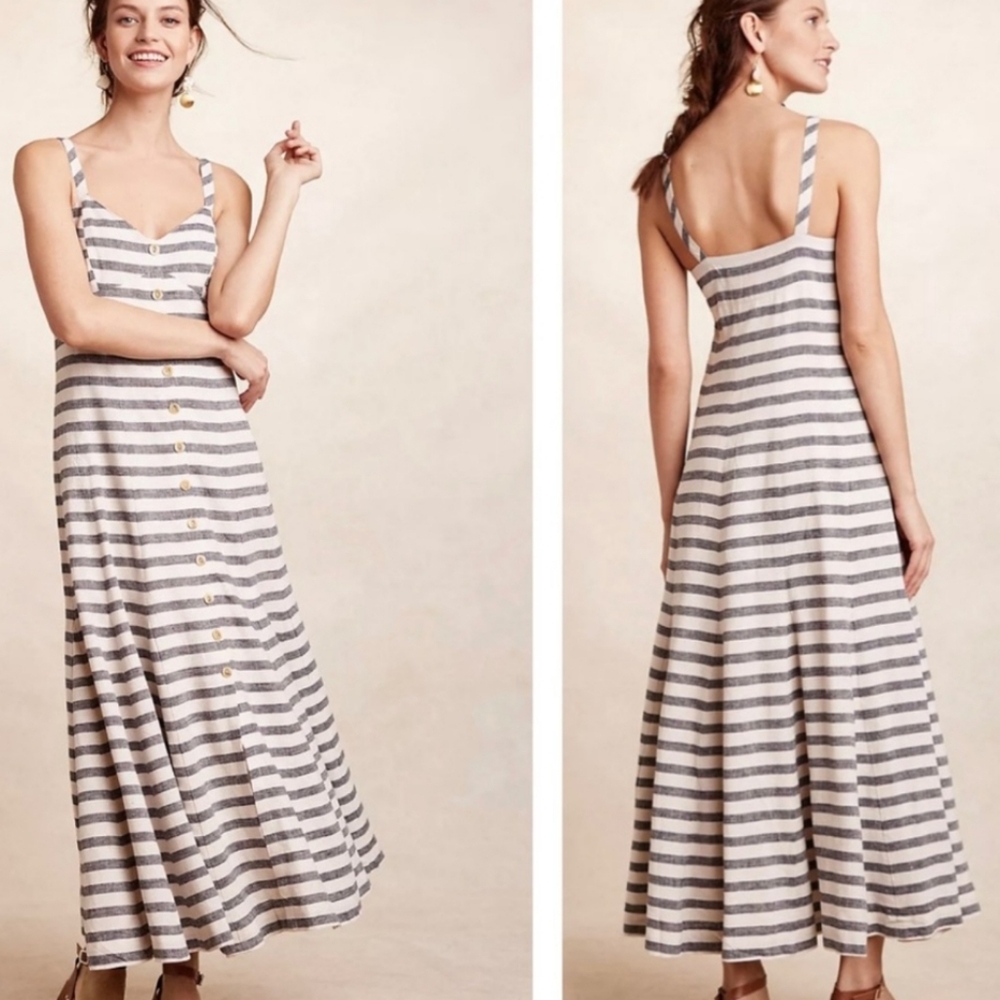 Anthropologie Gray and White Striped Maxi Dress
